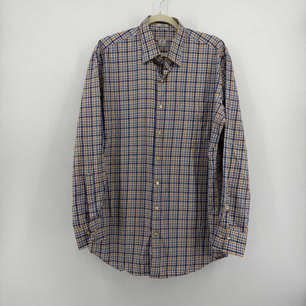 Peter Millar Mens Large Blue Orange Plaid Cotton Button Down Shirt Long Sleeve